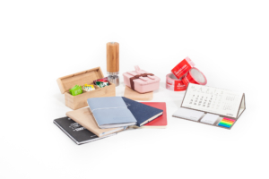 Selection of home and office products with logo